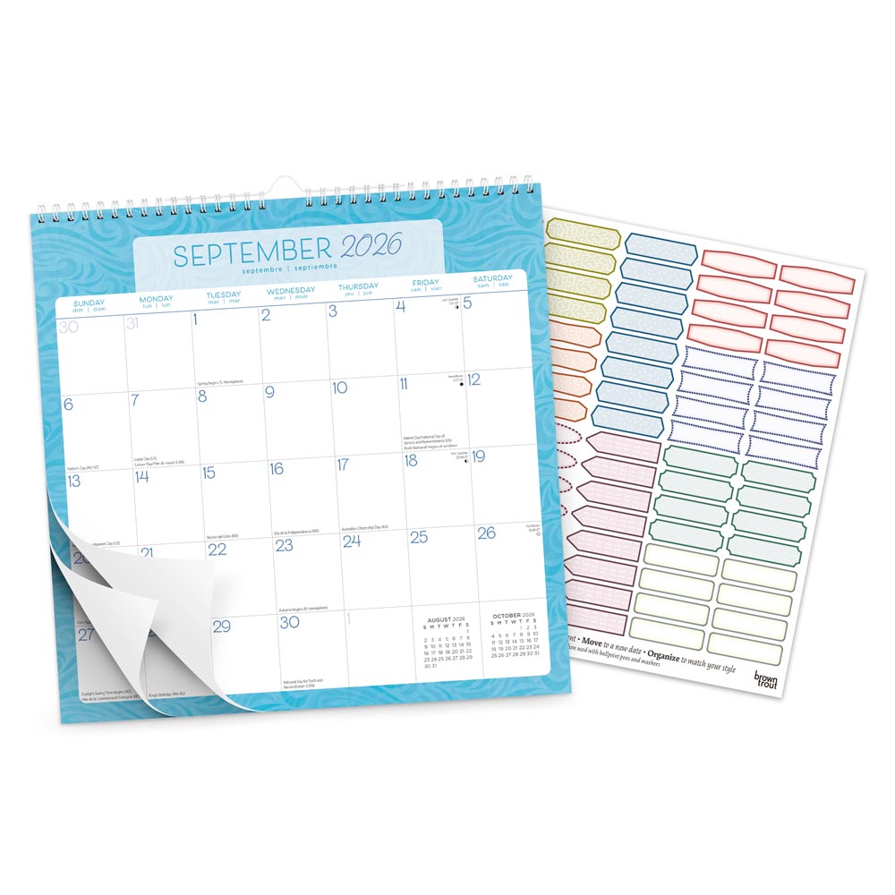 Seaside Currents | 2026 12 x 12 Inch (Hanging) Monthly Square Wire-O Calendar | Sticker Sheet