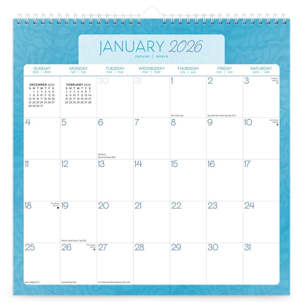 Seaside Currents | 2026 12 x 12 Inch (Hanging) Monthly Square Wire-O Calendar | Sticker Sheet
