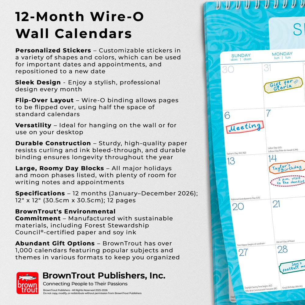 Seaside Currents | 2026 12 x 12 Inch (Hanging) Monthly Square Wire-O Calendar | Sticker Sheet