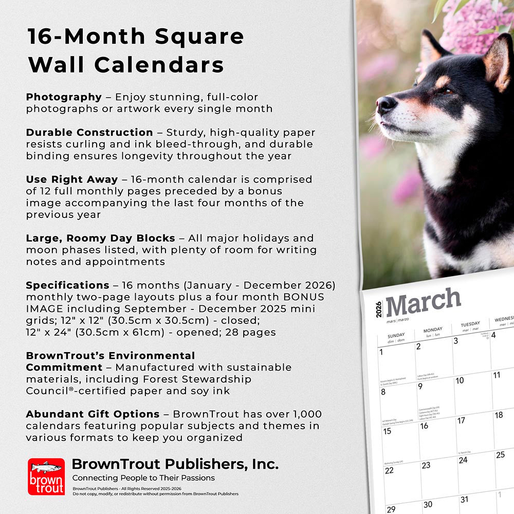 Shiba Inu | 2026 12 x 24 Inch (Hanging) Monthly Square Wall Calendar
