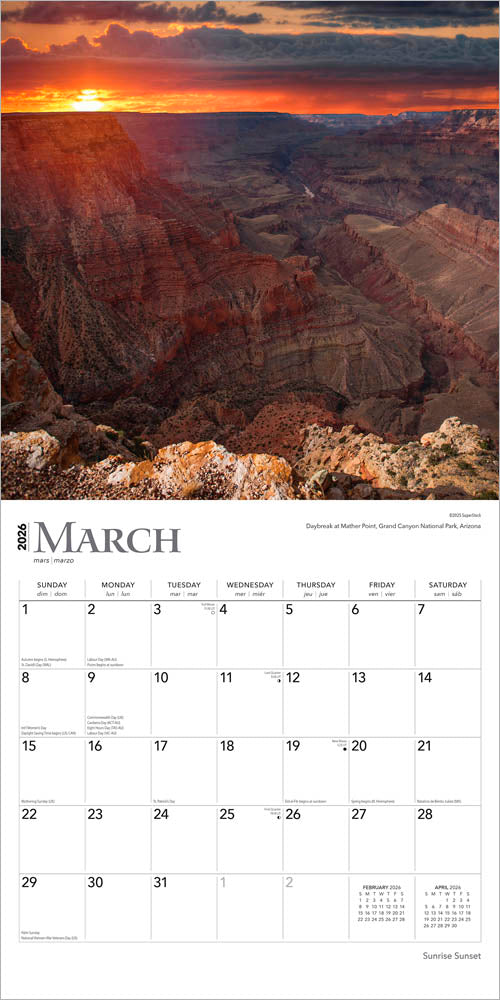 Sunrise Sunset | 2026 12 x 24 Inch (Hanging) Monthly Square Wall Calendar