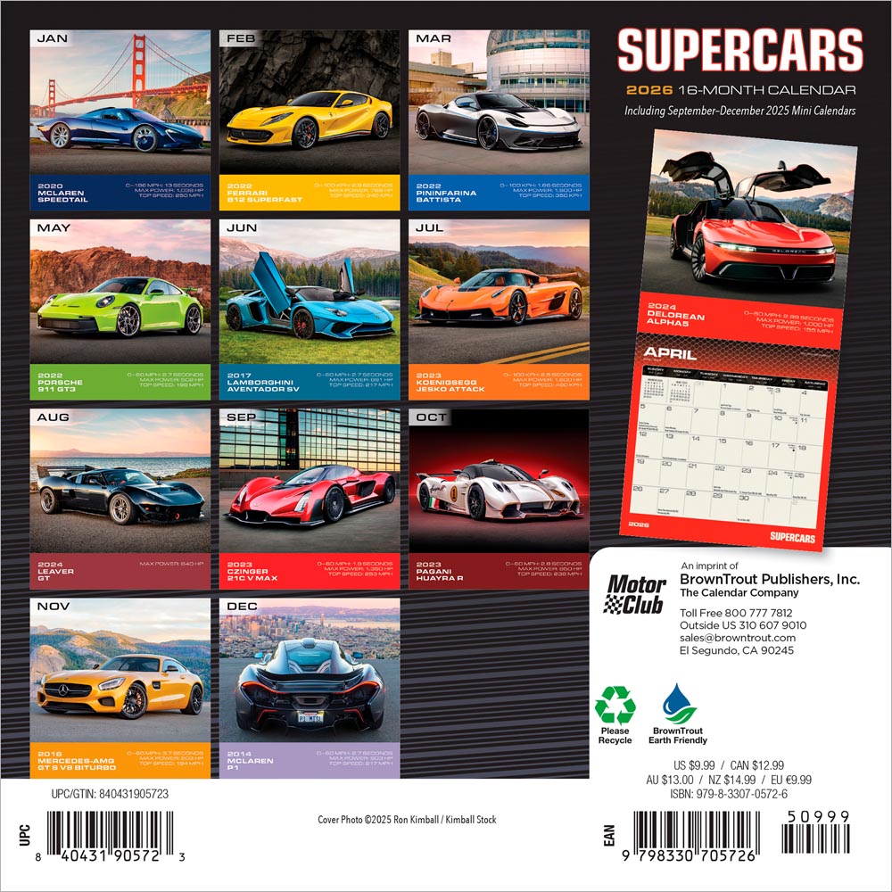 Supercars | 2026 7 x 14 Inch (Hanging) Monthly Mini Wall Calendar