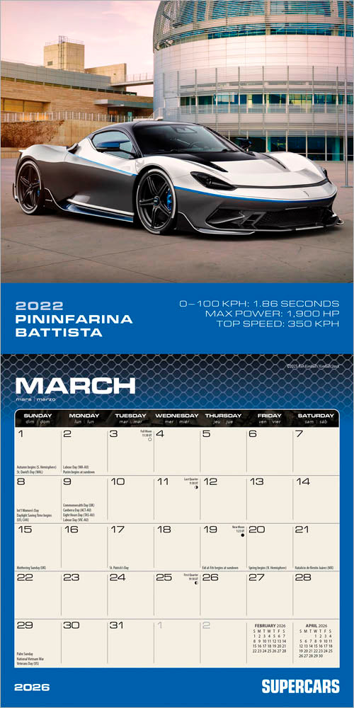 Supercars | 2026 7 x 14 Inch (Hanging) Monthly Mini Wall Calendar