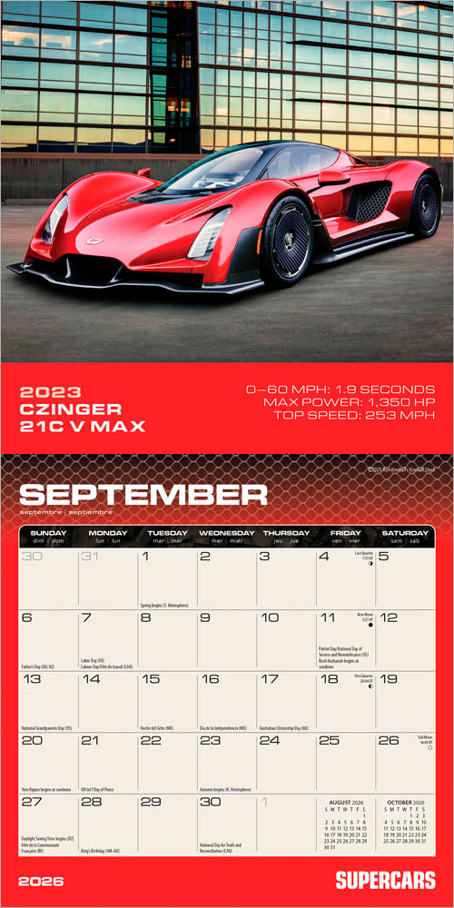 Supercars | 2026 7 x 14 Inch (Hanging) Monthly Mini Wall Calendar