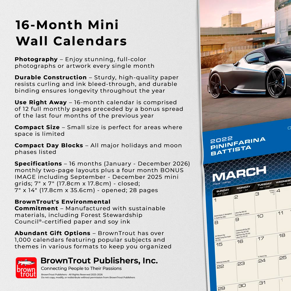 Supercars | 2026 7 x 14 Inch (Hanging) Monthly Mini Wall Calendar