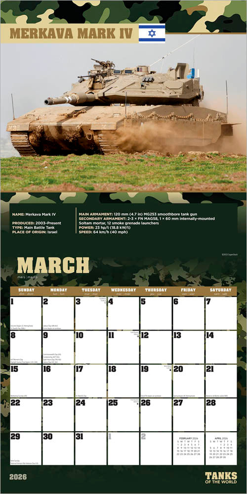 Tanks of the World | 2026 12 x 24 Inch (Hanging) Monthly Square Wall Calendar