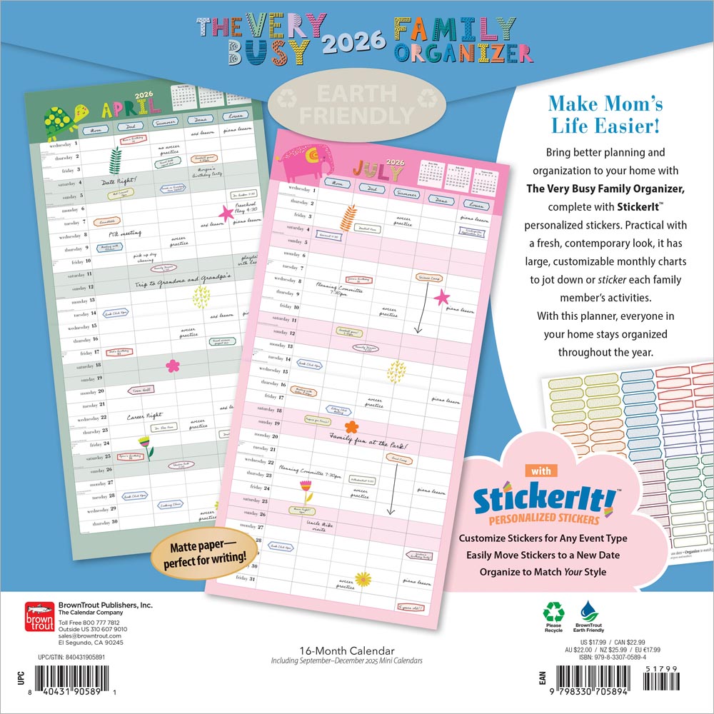 The Very Busy Family Organizer | 2026 12 x 24 Inch (Hanging) Monthly Square Wall Calendar | Matte Paper and Sticker Sheet