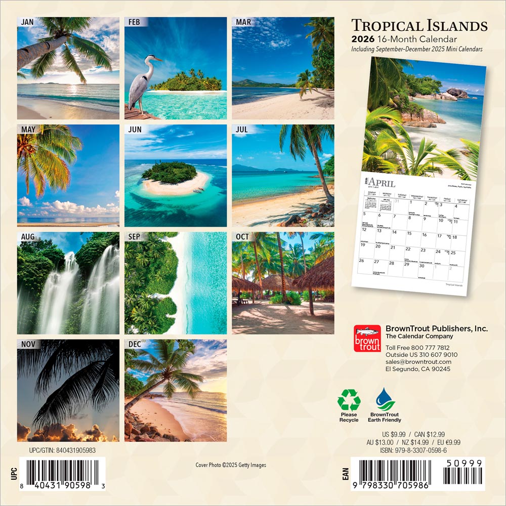 Tropical Islands | 2026 7 x 14 Inch (Hanging) Monthly Mini Wall Calendar
