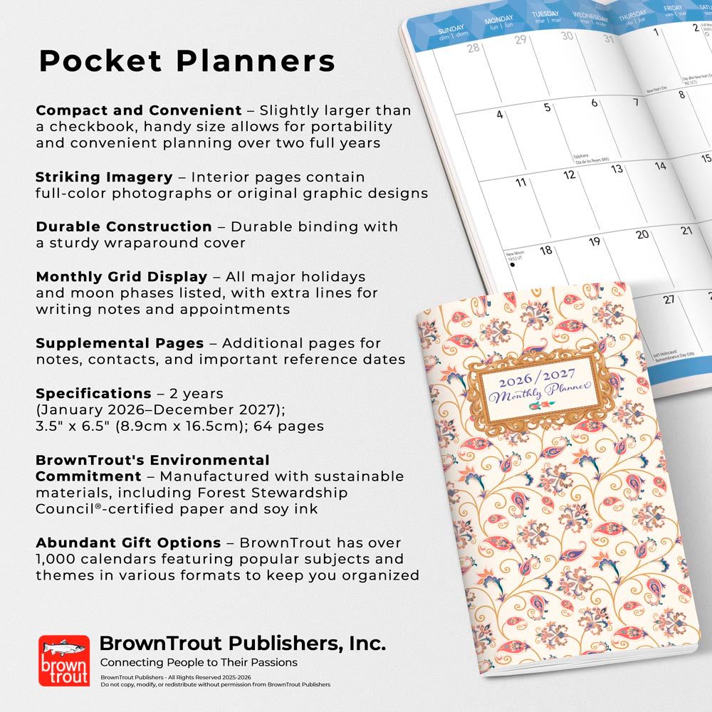 Tuscan Delight | 2026-2027 3.5 x 6.5 Inch Two Year Monthly Pocket Planner Calendar | Foil Stamped Cover