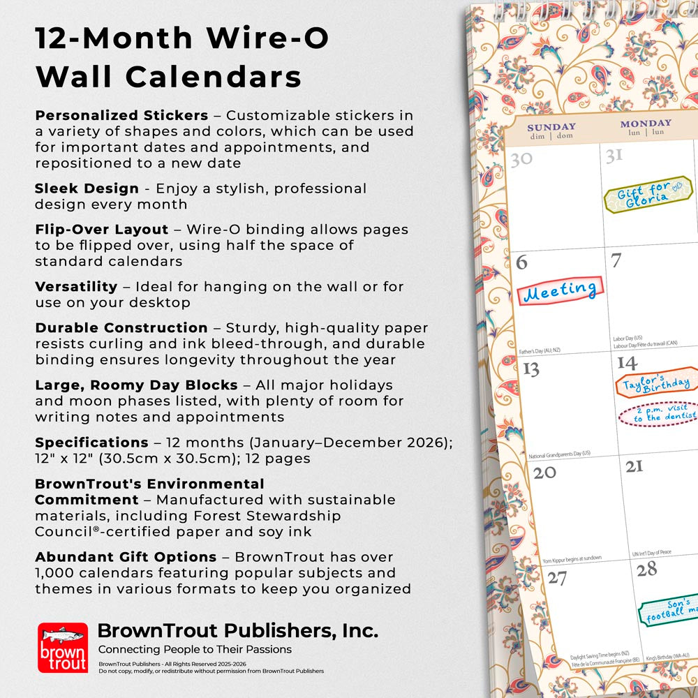 Tuscan Delight | 2026 12 x 12 Inch (Hanging) Monthly Square Wire-O Calendar | Sticker Sheet
