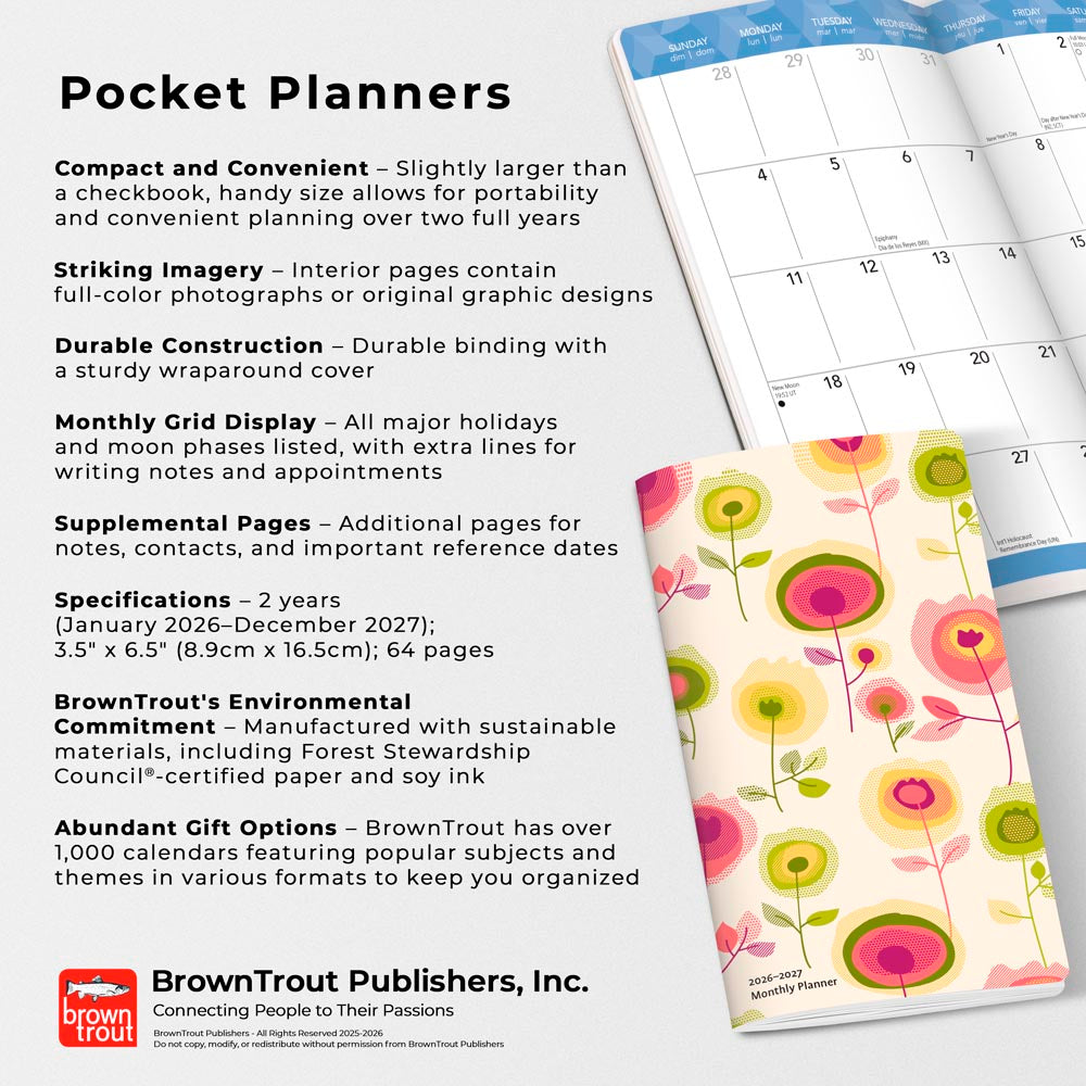Vintage Blooms | 2026-2027 3.5 x 6.5 Inch Two Year Monthly Pocket Planner Calendar