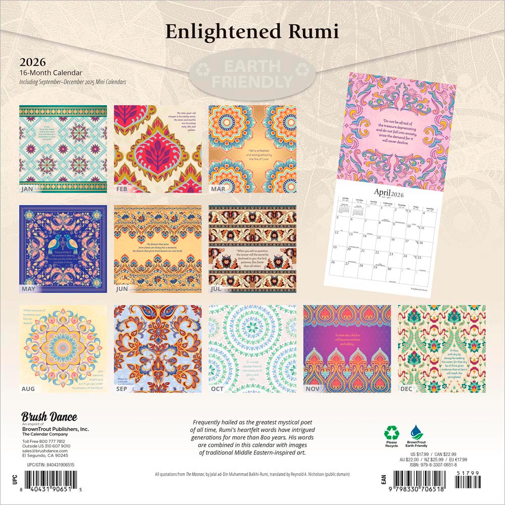 Enlightened Rumi | 2026 12 x 24 Inch (Hanging) Monthly Square Wall Calendar