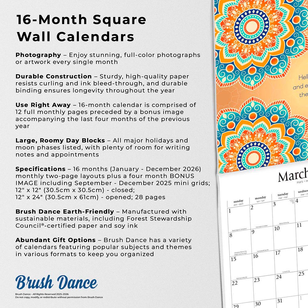 Enlightened Rumi | 2026 12 x 24 Inch (Hanging) Monthly Square Wall Calendar