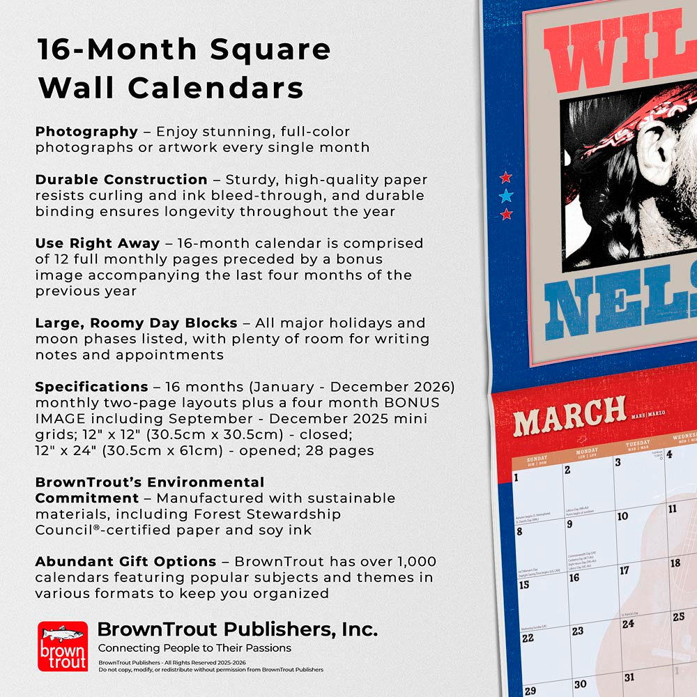 Willie Nelson OFFICIAL | 2026 12 x 24 Inch (Hanging) Monthly Square Wall Calendar