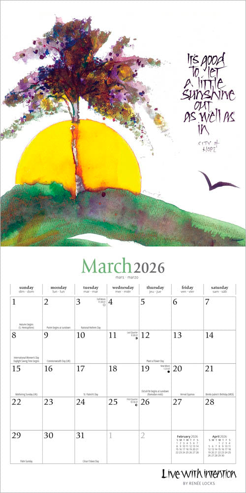 Live with Intention | 2026 7 x 14 Inch (Hanging) Monthly Mini Wall Calendar | Featuring the Artwork of Renee Locks