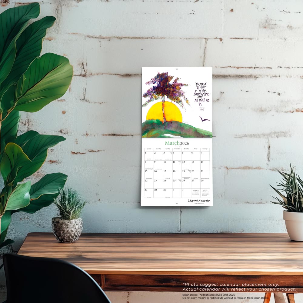 Live with Intention | 2026 7 x 14 Inch (Hanging) Monthly Mini Wall Calendar | Featuring the Artwork of Renee Locks