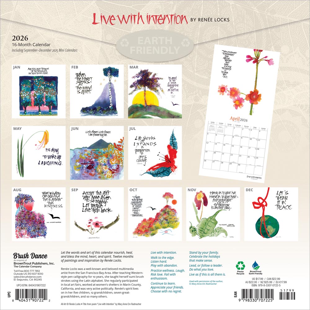 Live with Intention | 2026 12 x 24 Inch (Hanging) Monthly Square Wall Calendar | Featuring the Artwork of Renee Locks