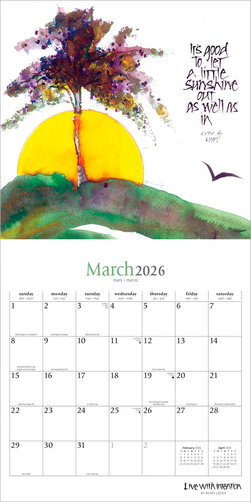 Live with Intention | 2026 12 x 24 Inch (Hanging) Monthly Square Wall Calendar | Featuring the Artwork of Renee Locks