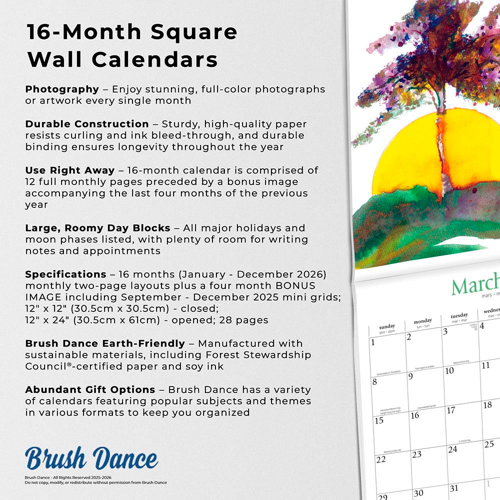 Live with Intention | 2026 12 x 24 Inch (Hanging) Monthly Square Wall Calendar | Featuring the Artwork of Renee Locks