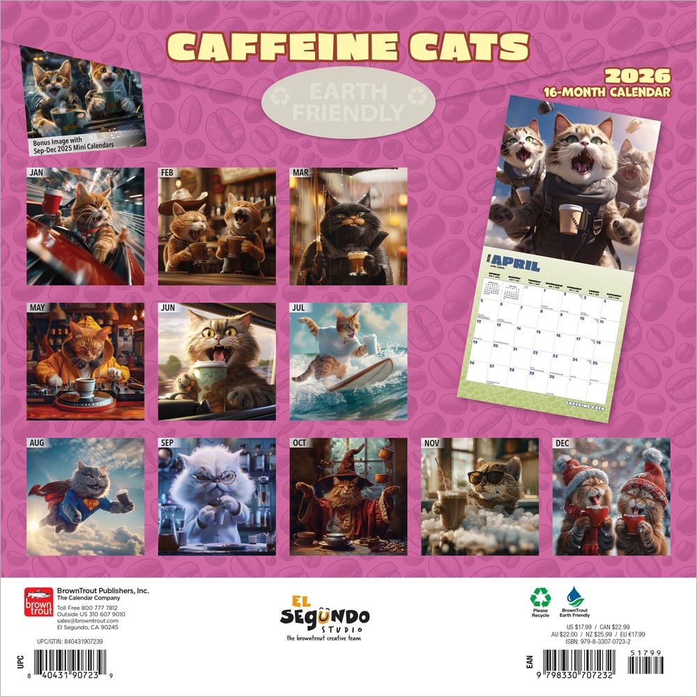 Caffeine Cats | 2026 12 x 24 Inch (Hanging) Monthly Square Wall Calendar