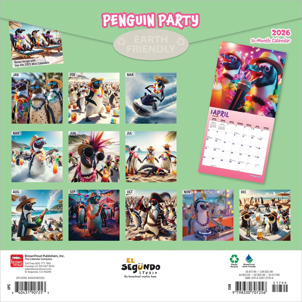 Penguin Party | 2026 12 x 24 Inch (Hanging) Monthly Square Wall Calendar