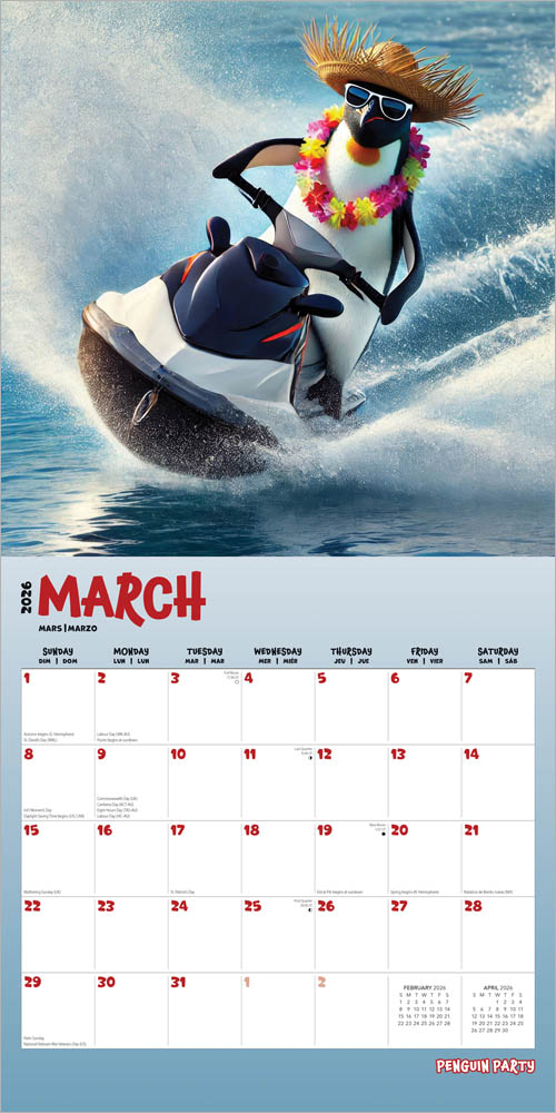 Penguin Party | 2026 12 x 24 Inch (Hanging) Monthly Square Wall Calendar