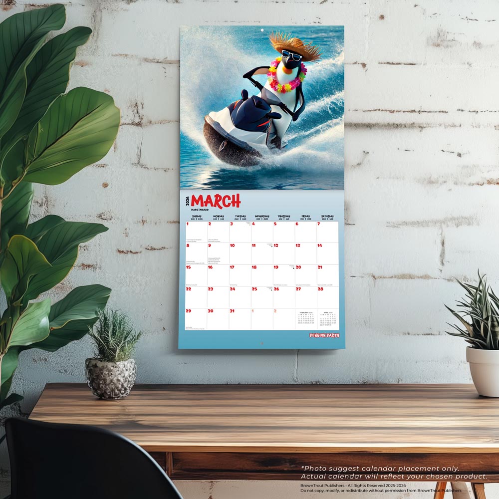 Penguin Party | 2026 12 x 24 Inch (Hanging) Monthly Square Wall Calendar