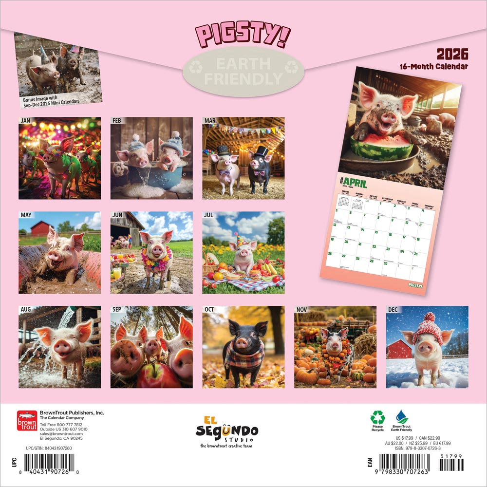 Pigsty | 2026 12 x 24 Inch (Hanging) Monthly Square Wall Calendar
