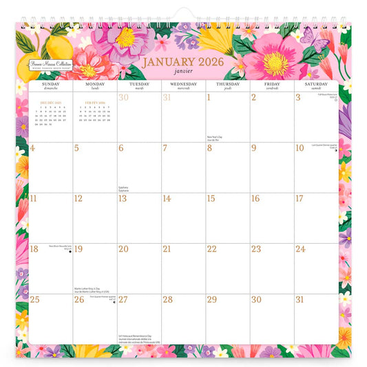 Bonnie Marcus OFFICIAL | 2026 12 x 12 Inch (Hanging) Monthly Square Wire-O Calendar | Sticker Sheet | English/French Bilingual