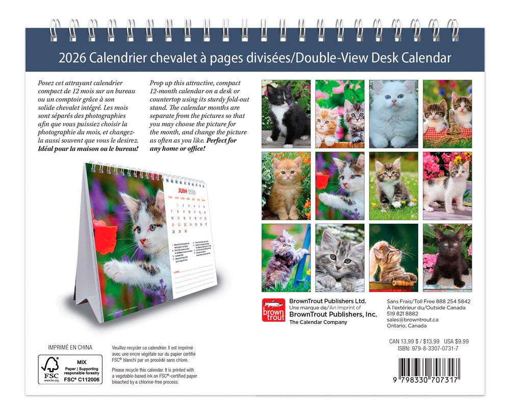 Chatons | 2026 7.5 x 6 Inch Monthly Double-View Easel Desk Calendar | French Language
