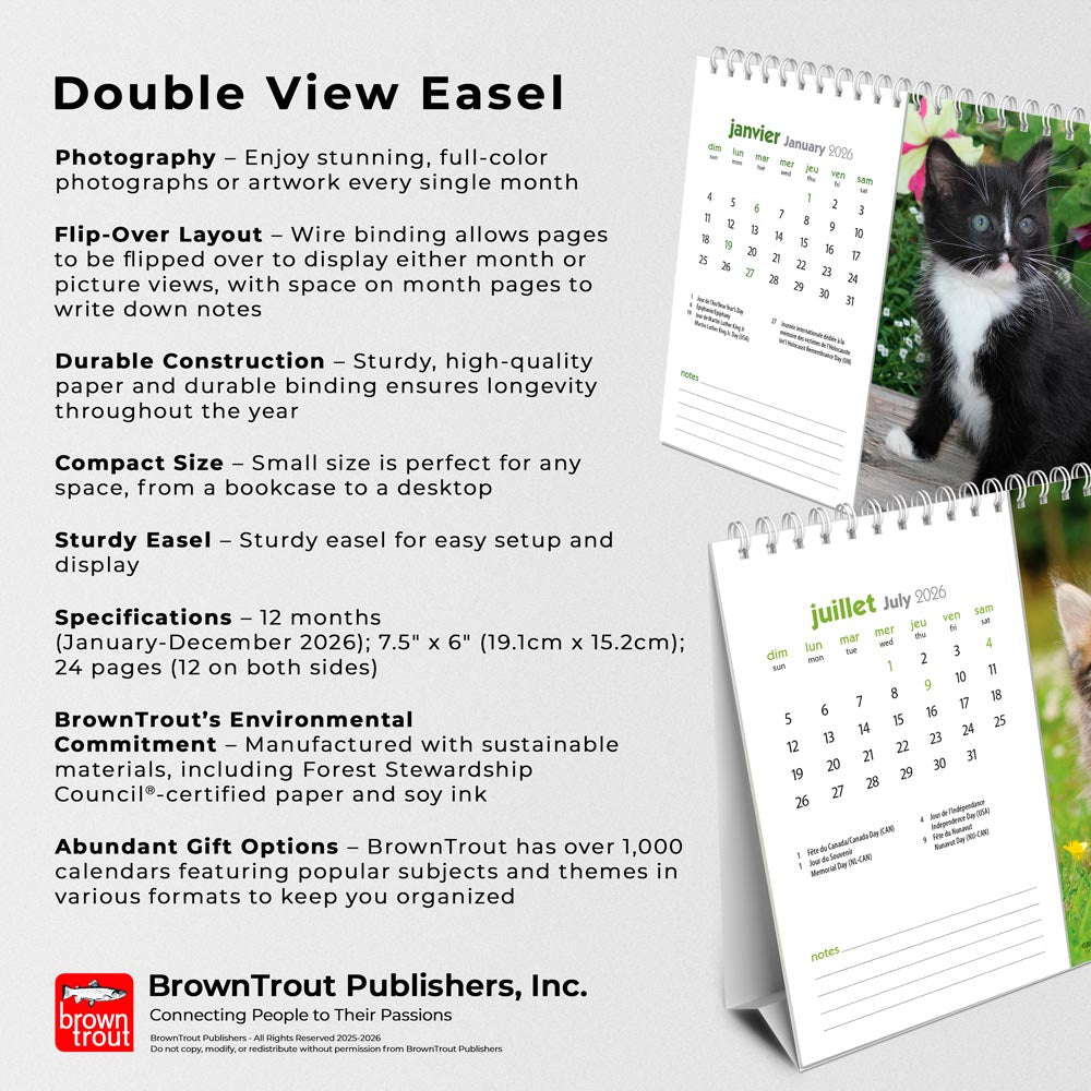 Chatons | 2026 7.5 x 6 Inch Monthly Double-View Easel Desk Calendar | French Language