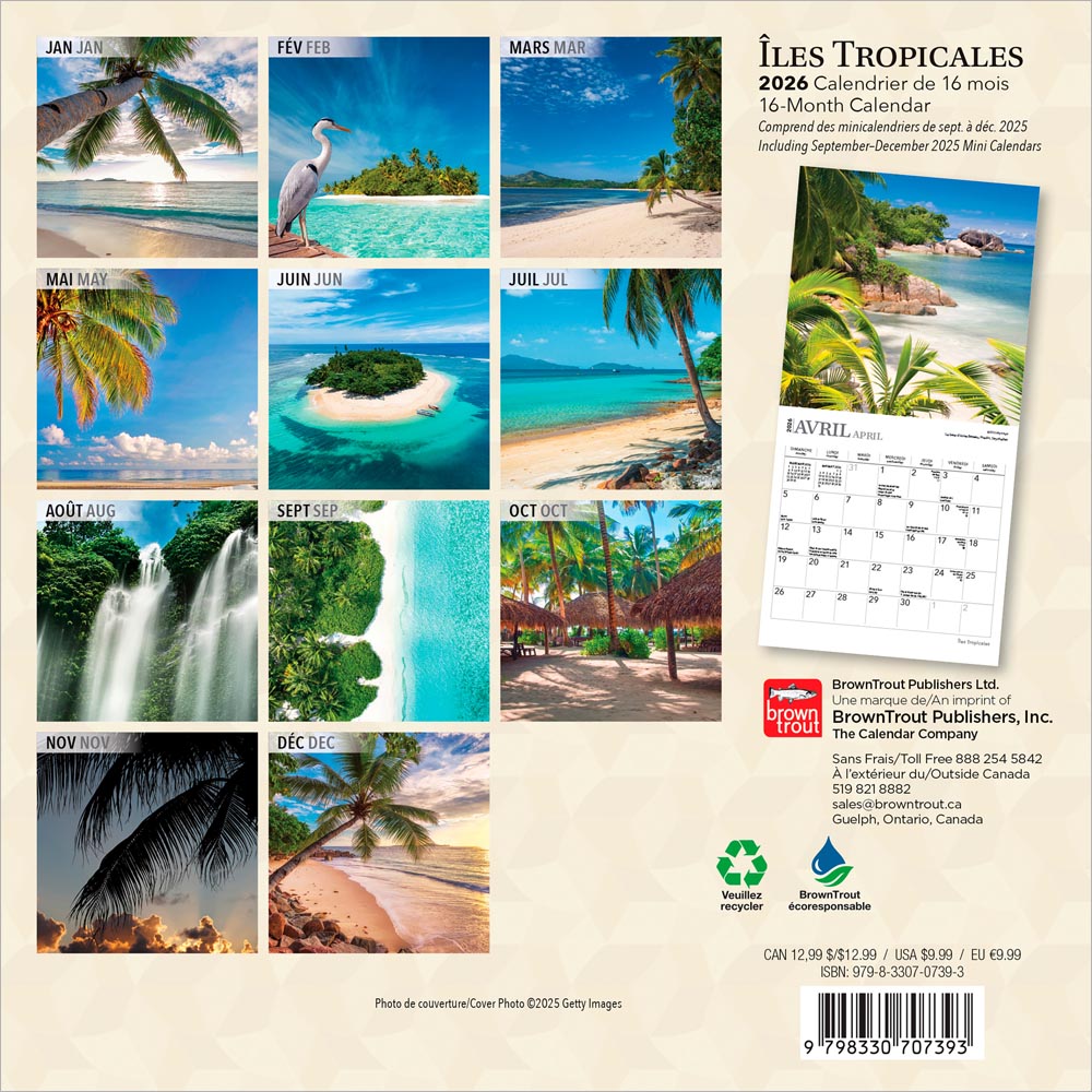 Îles Tropicales | 2026 7 x 14 Inch (Hanging) Monthly Mini Wall Calendar | French Language