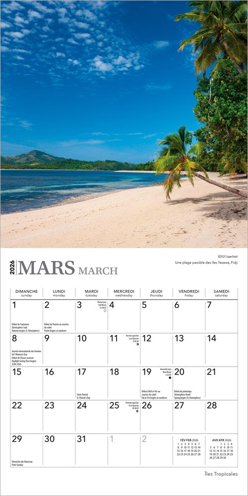 Îles Tropicales | 2026 7 x 14 Inch (Hanging) Monthly Mini Wall Calendar | French Language