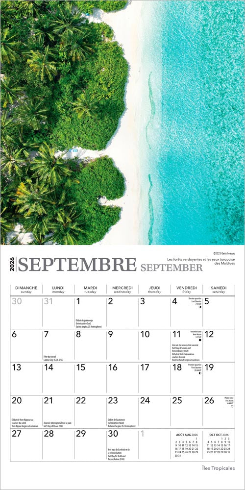 Îles Tropicales | 2026 7 x 14 Inch (Hanging) Monthly Mini Wall Calendar | French Language