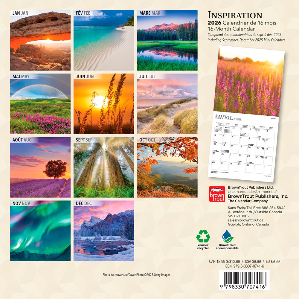 Inspiration | 2026 7 x 14 Inch (Hanging) Monthly Mini Wall Calendar | French Language