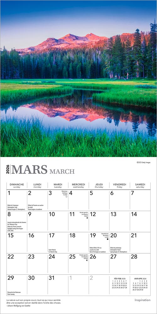 Inspiration | 2026 7 x 14 Inch (Hanging) Monthly Mini Wall Calendar | French Language