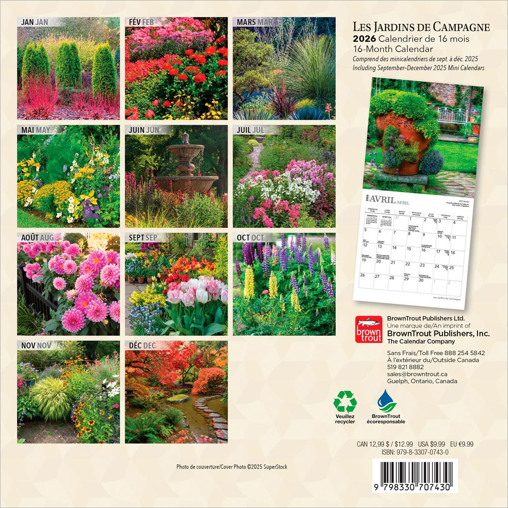 Les Jardins de Campagne | 2026 7 x 14 Inch (Hanging) Monthly Mini Wall Calendar | French Language