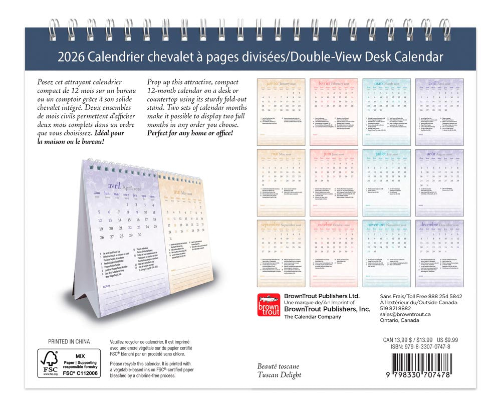 Motifs | 2026 7.5 x 6 Inch Monthly Double-View Easel Desk Calendar | French Language