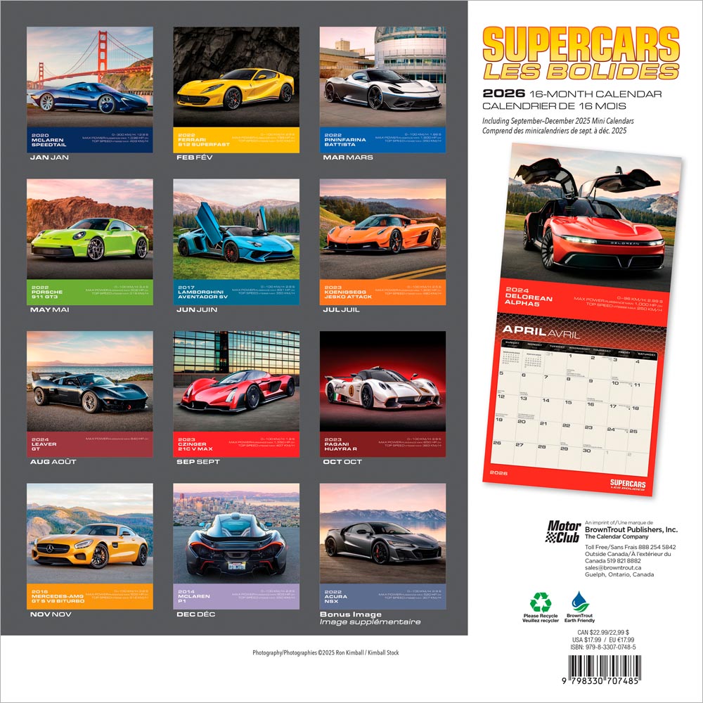 Supercars | 2026 12 x 24 Inch (Hanging) Monthly Square Wall Calendar | English/French Bilingual