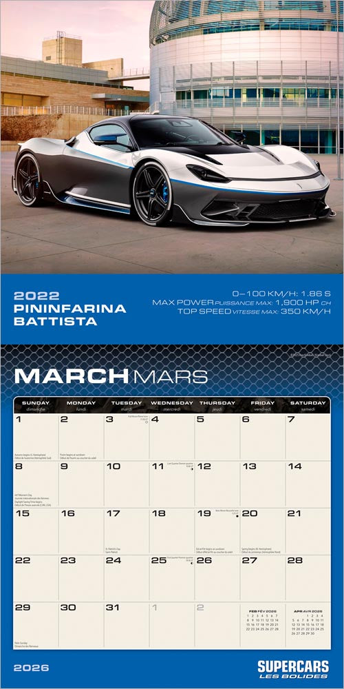 Supercars | 2026 12 x 24 Inch (Hanging) Monthly Square Wall Calendar | English/French Bilingual