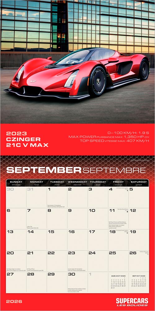Supercars | 2026 12 x 24 Inch (Hanging) Monthly Square Wall Calendar | English/French Bilingual