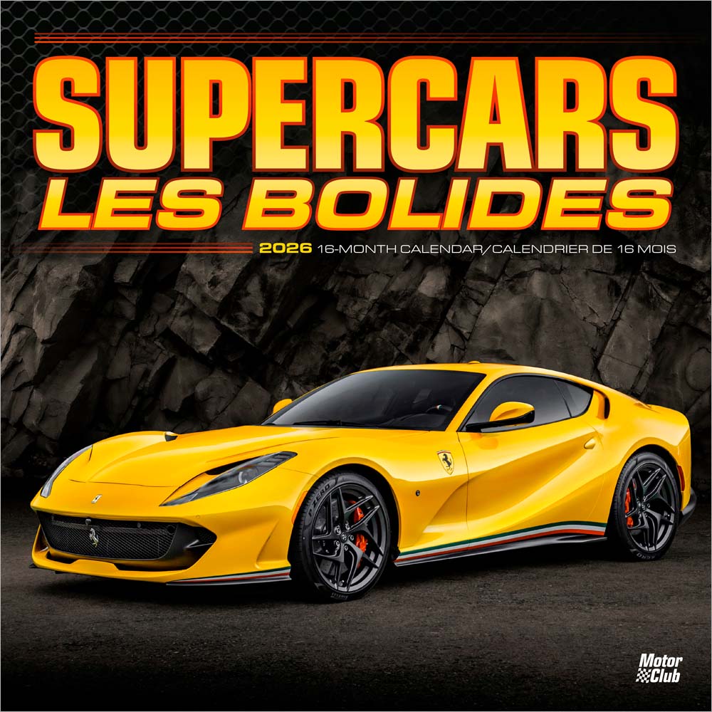Supercars | 2026 12 x 24 Inch (Hanging) Monthly Square Wall Calendar | English/French Bilingual