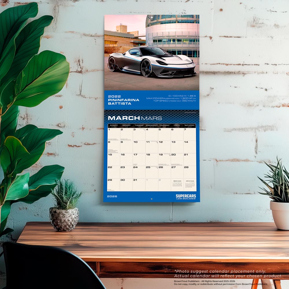 Supercars | 2026 12 x 24 Inch (Hanging) Monthly Square Wall Calendar | English/French Bilingual