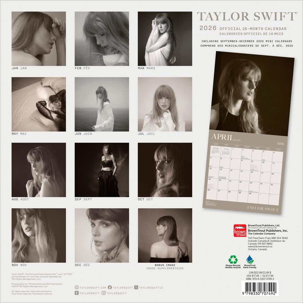 Taylor Swift OFFICIAL | 2026 12 x 24 Inch (Hanging) Monthly Square Wall Calendar | English/French Bilingual