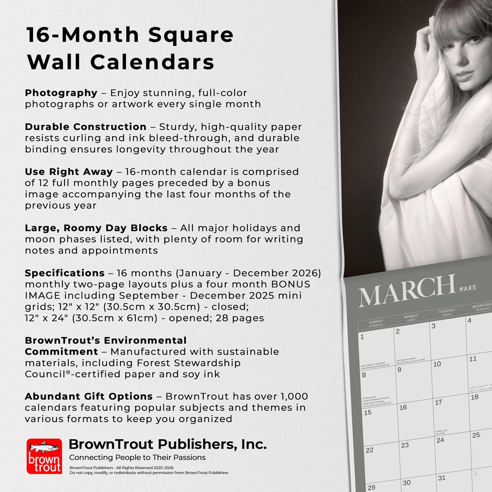 Taylor Swift OFFICIAL | 2026 12 x 24 Inch (Hanging) Monthly Square Wall Calendar | English/French Bilingual