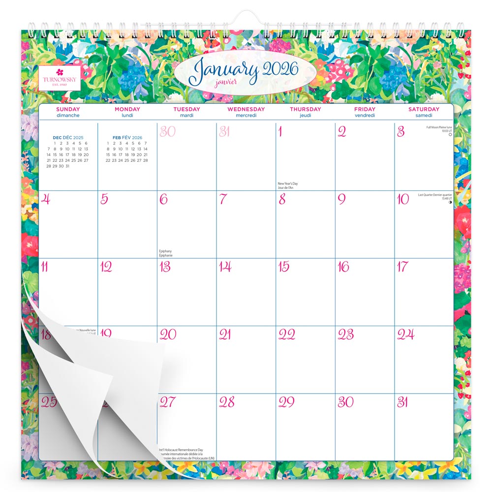 House of Turnowsky OFFICIAL | 2026 12 x 12 Inch (Hanging) Monthly Square Wire-O Calendar | Sticker Sheet | English/French Bilingual