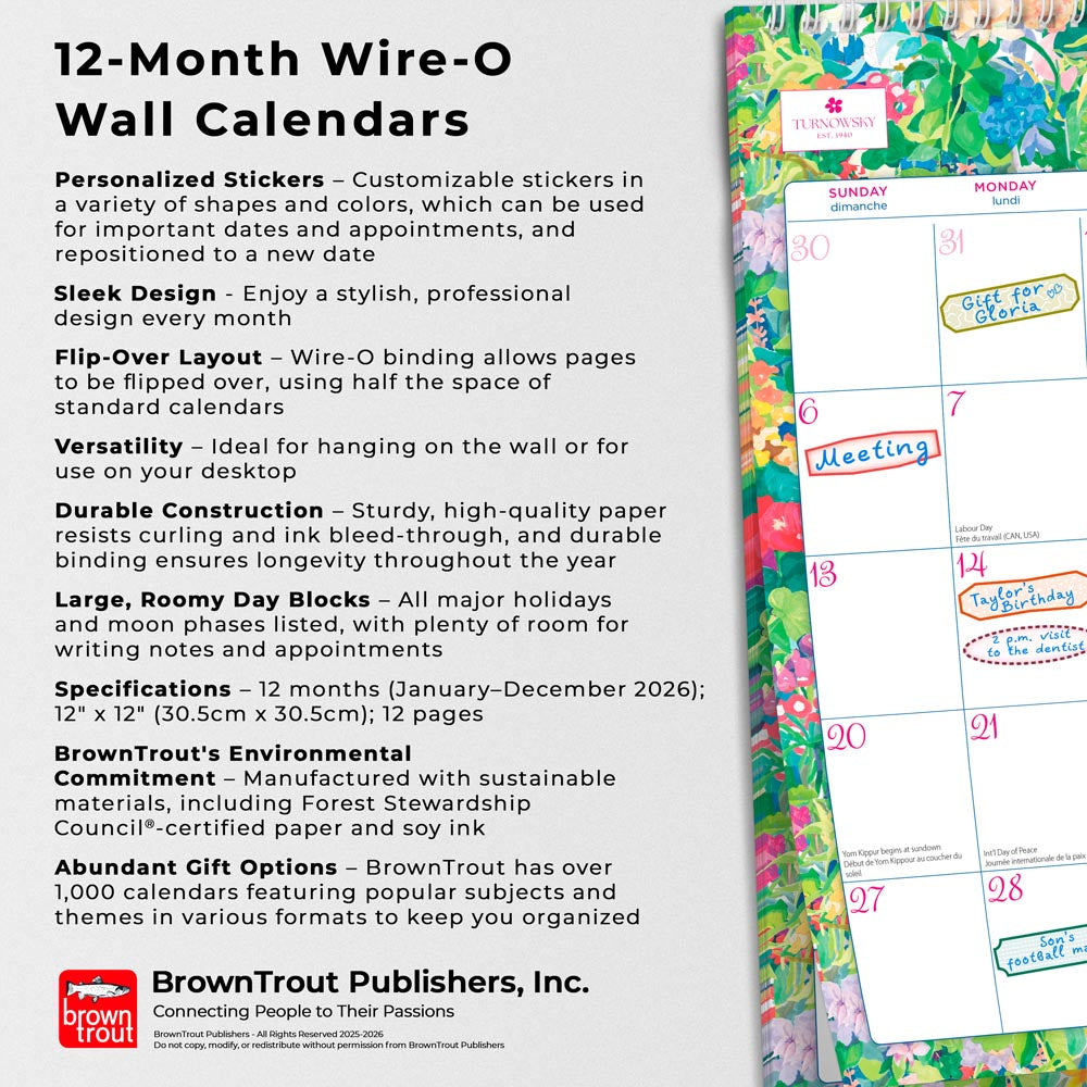 House of Turnowsky OFFICIAL | 2026 12 x 12 Inch (Hanging) Monthly Square Wire-O Calendar | Sticker Sheet | English/French Bilingual