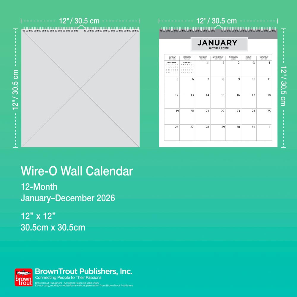 House of Turnowsky OFFICIAL | 2026 12 x 12 Inch (Hanging) Monthly Square Wire-O Calendar | Sticker Sheet | English/French Bilingual