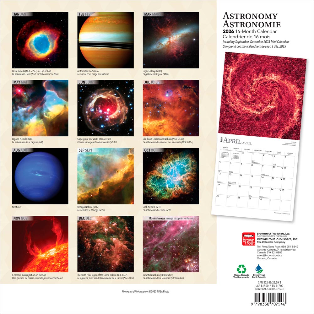 Astronomy | 2026 12 x 24 Inch (Hanging) Monthly Square Wall Calendar | English/French Bilingual