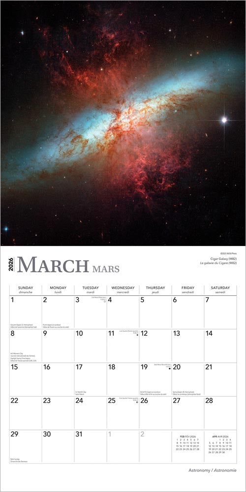 Astronomy | 2026 12 x 24 Inch (Hanging) Monthly Square Wall Calendar | English/French Bilingual